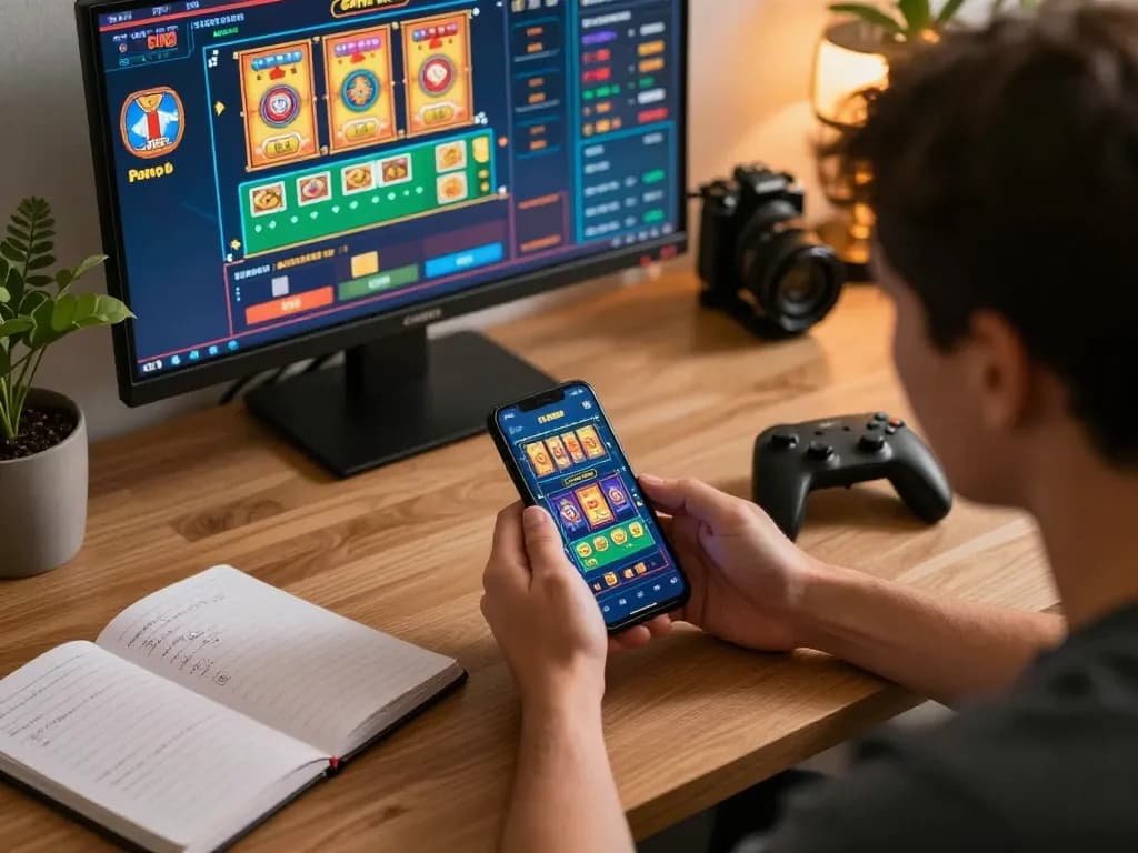 Engaged player using the FLY88 app for online gambling at home, smartphone screen showcasing exciting casino games.