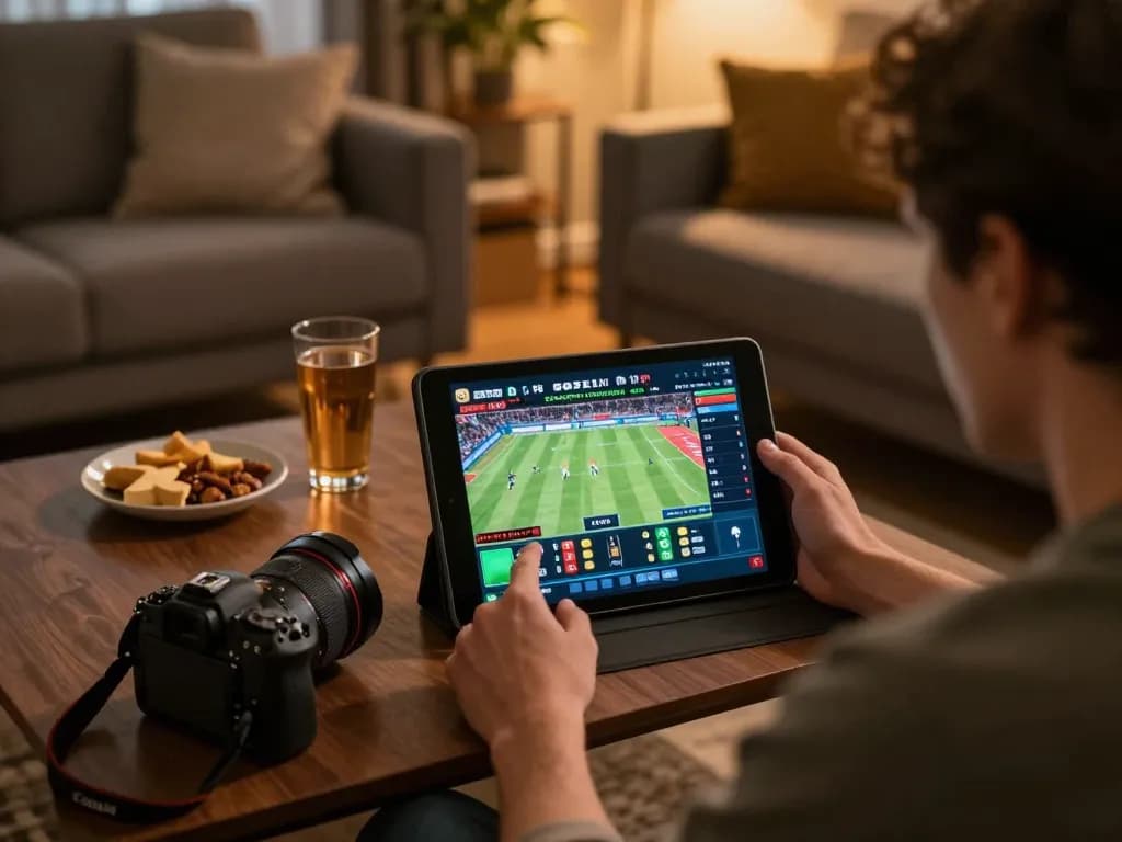 Engaged gambler placing bets on 789wincom during live sports event in a cozy home setup.