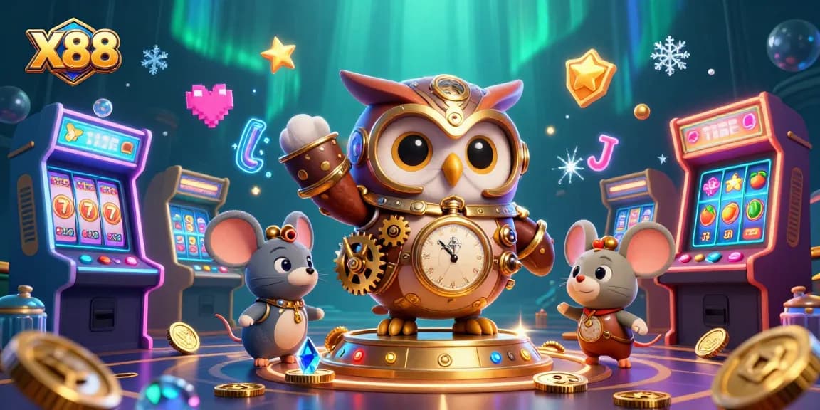 X88 presents a captivating 3D scene showcasing an owl and mouse in a steampunk casino adventure, filled with vibrant gaming elements.