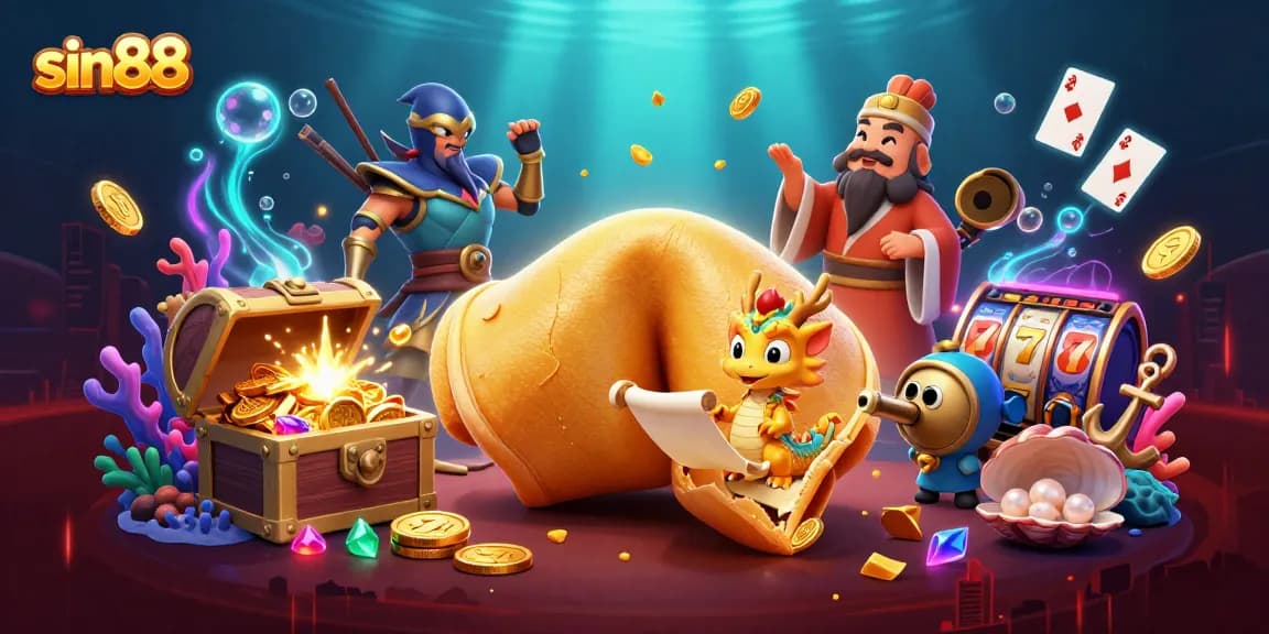 sin88 casino scene with a fortune cookie and dragon amidst gold coins and vibrant casino elements