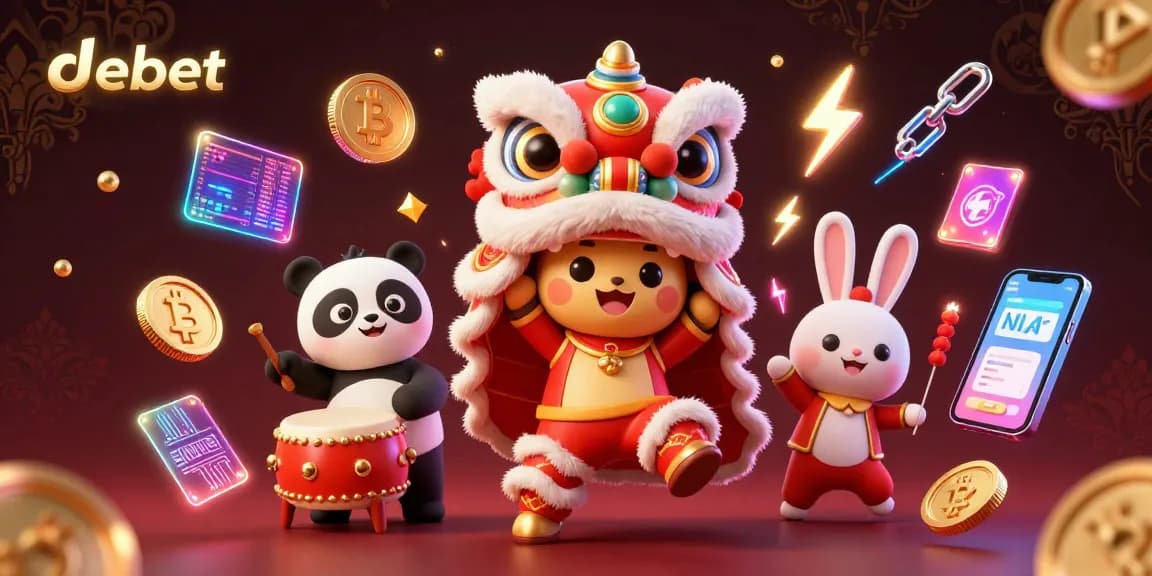 Experience debet in a vibrant 3D scene featuring a lion dance, crypto elements, and festive decorations.