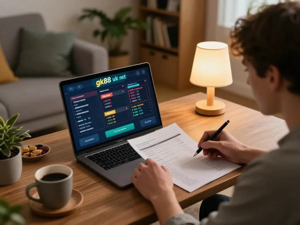 Engaging in online betting on gk88 uk net from a cozy home setup with strategic notes.
