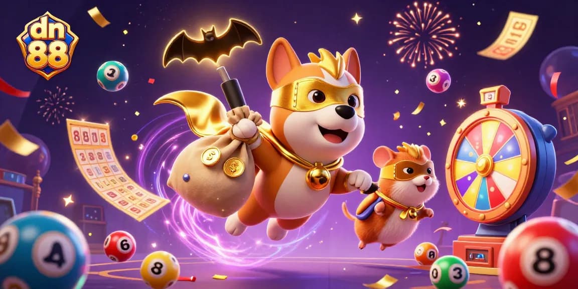 Win big with dn 88 as the superhero dog and hamster celebrate in a vibrant casino scene.