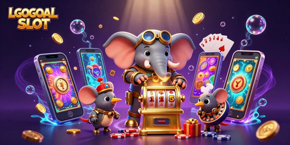 Experience the thrill of LGOGOAL SLOT with a whimsical 3D elephant engineer operating a golden slot machine.