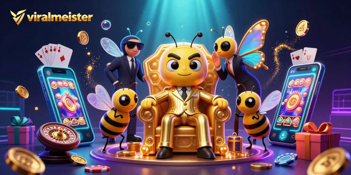 Engaging scene depicting the viralmeister brand with cartoon characters enjoying vibrant slot games and casino elements.