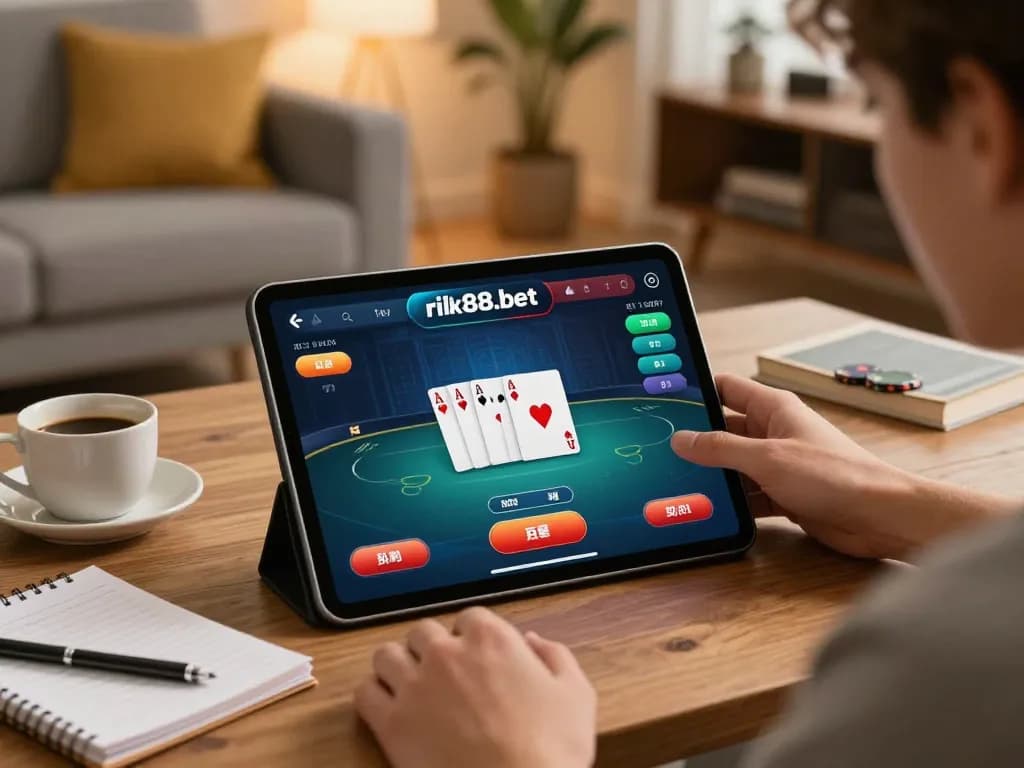 Player enjoying online poker game on rik88.bet, showcasing immersive gameplay experience at home.
