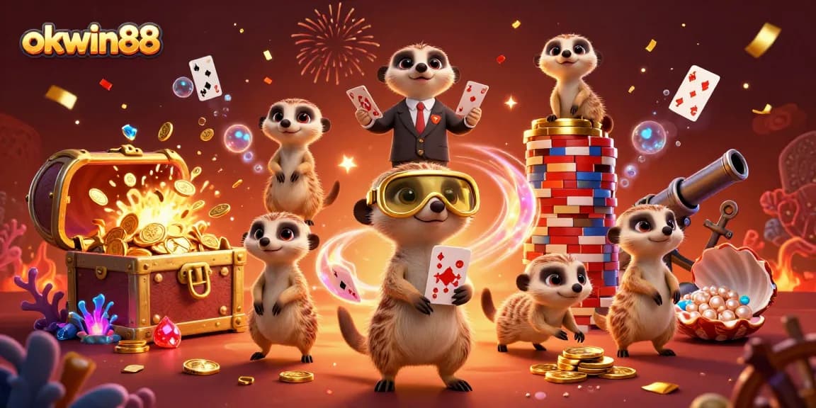 Join the exhilarating action at okwin88 with dynamic meerkats managing a vibrant casino scene.