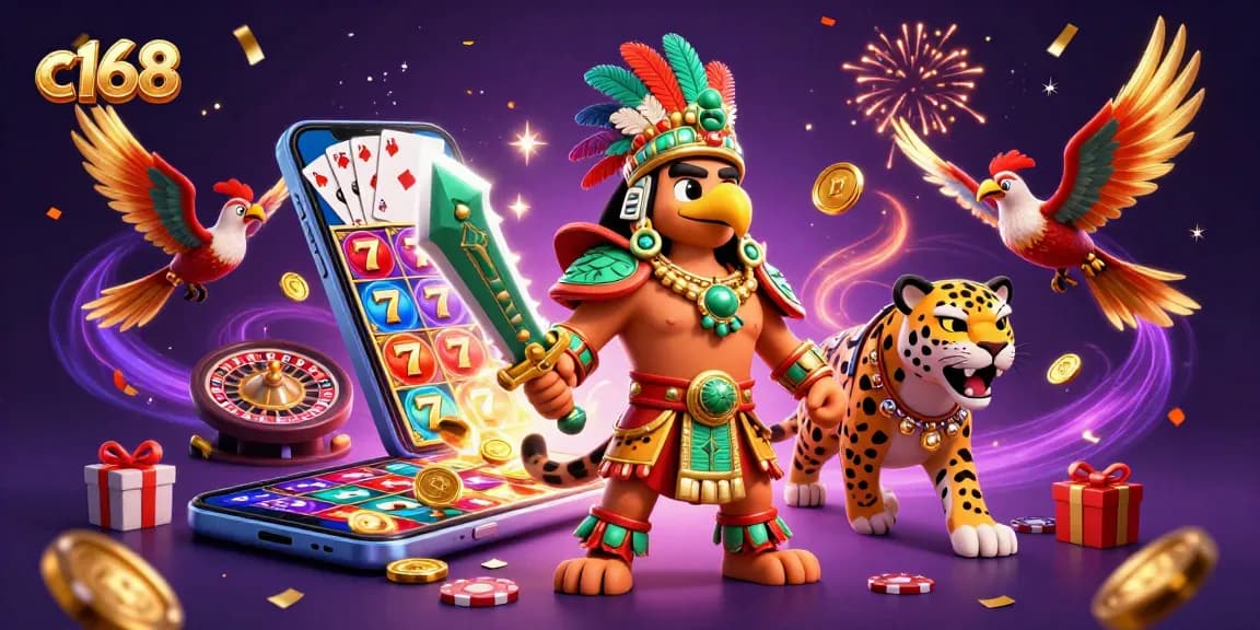 Spin and win with c168 in a vibrant casino-themed adventure featuring warriors and slot reels.