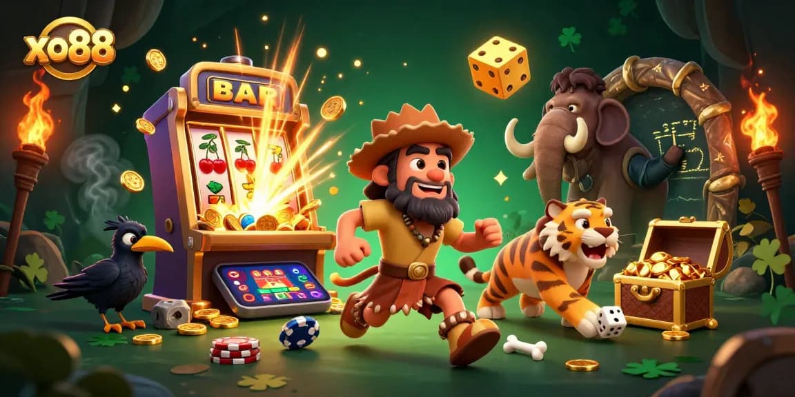 Experience xo88's lively prehistoric casino with cartoon characters, slot machines, and festive elements.