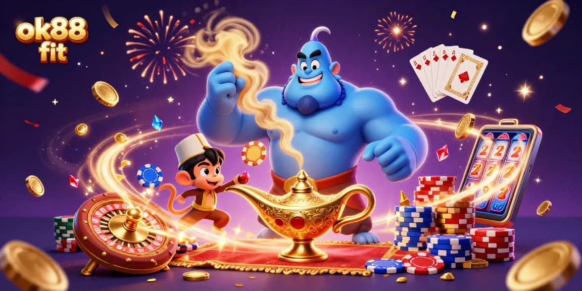 Spin into luck with the vibrant ok88 fit casino scene featuring a magical genie and colorful casino elements.
