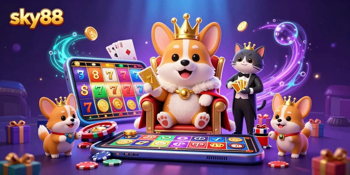 Spin vibrant slot reels at sky88 with the royal corgi in an exciting casino scene.