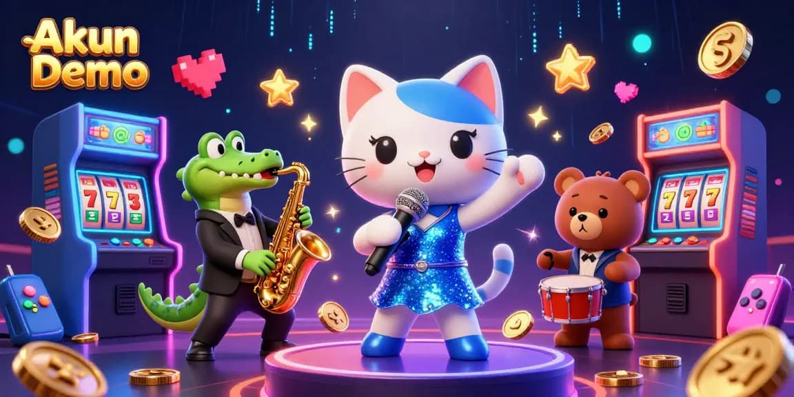 Akun Demo showcases thrilling gameplay with colorful characters, dazzling casino elements, and vibrant energy.