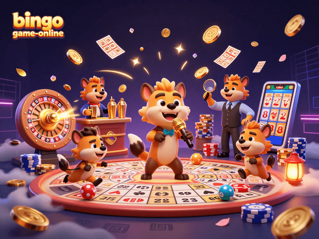 Join the exciting bingo-game-online atmosphere with lively hyenas presenting a fun-filled casino scene.