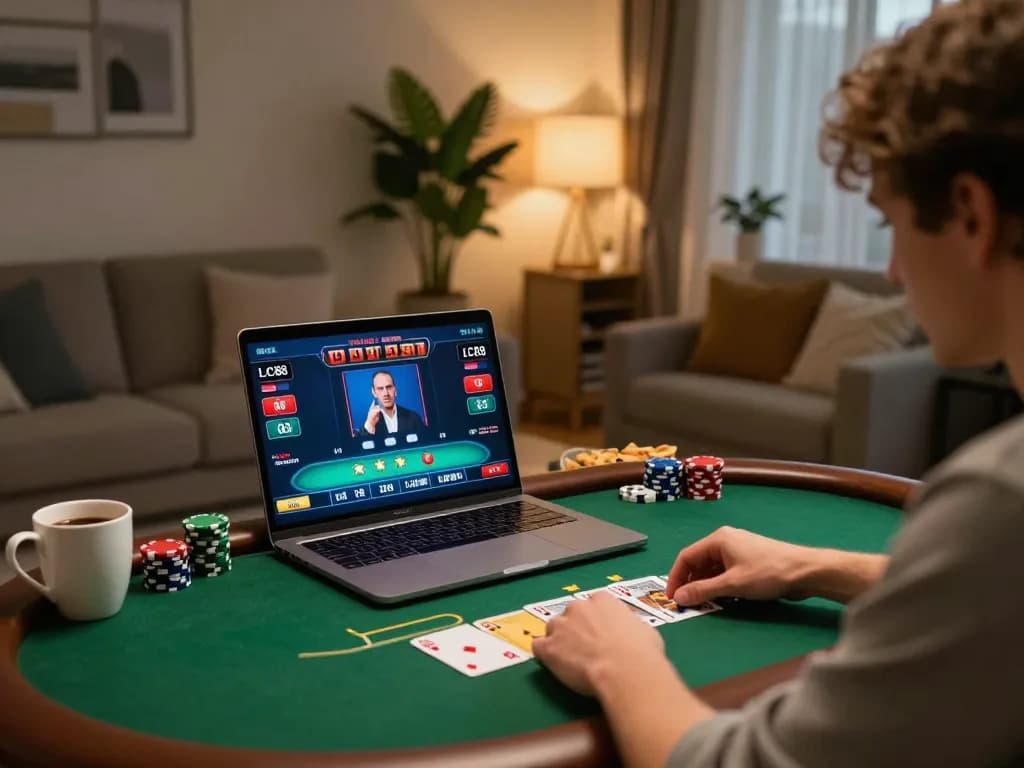 Player strategizing with LC88 poker game on their laptop, creating a dynamic online gambling atmosphere.
