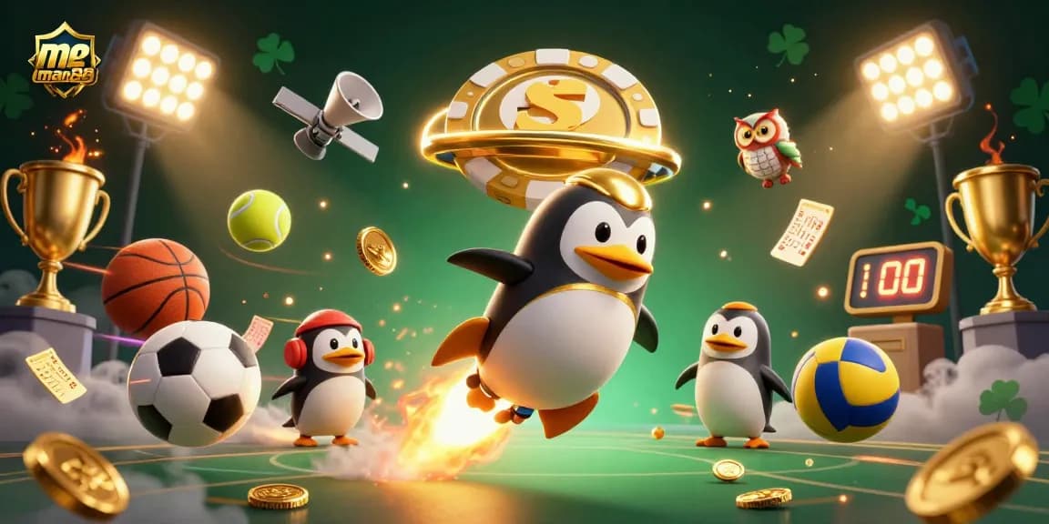 Experience thrilling wins with man88's 3D illustration of a penguin soaring to a poker chip destination.