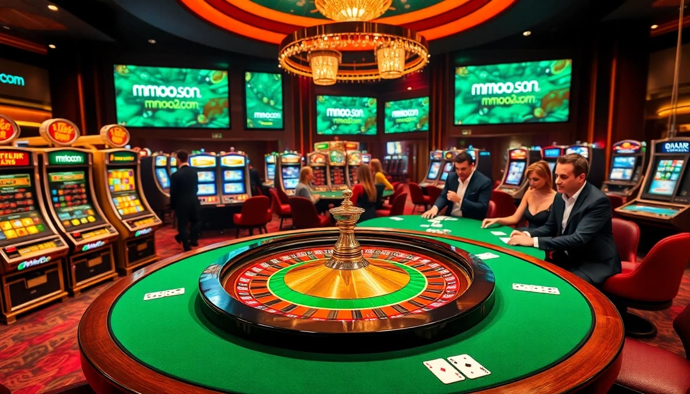 Engaging players enjoying poker and roulette at mmoo.com casino, vibrant atmosphere with colorful elements.