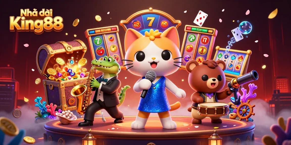 Engage in thrilling gaming at Nhà cái King88 with lively characters on stage, surrounded by vibrant casino elements.