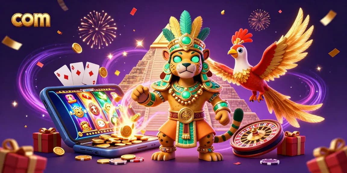 Engage with com in a vibrant 3D casino scene featuring a Mayan jaguar priest and slot game elements.