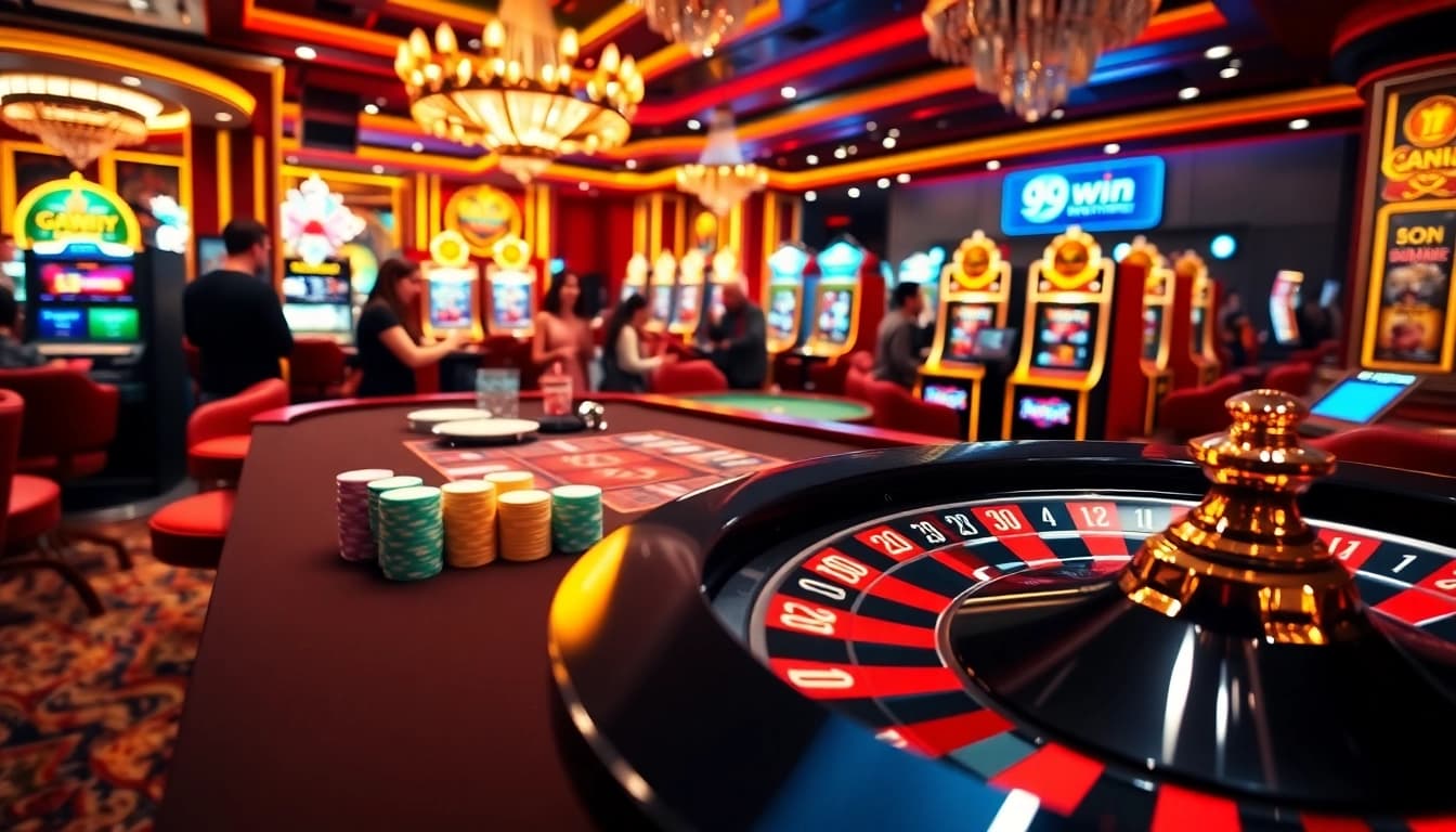 Excited players enjoying games at 99win casino, surrounded by vibrant slot machines and poker tables.