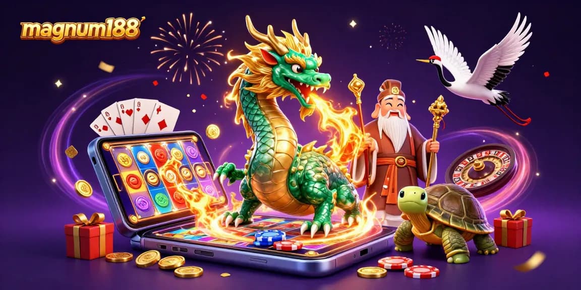 Experience the excitement of magnum188 as a dragon breathes fire amidst vibrant casino games.
