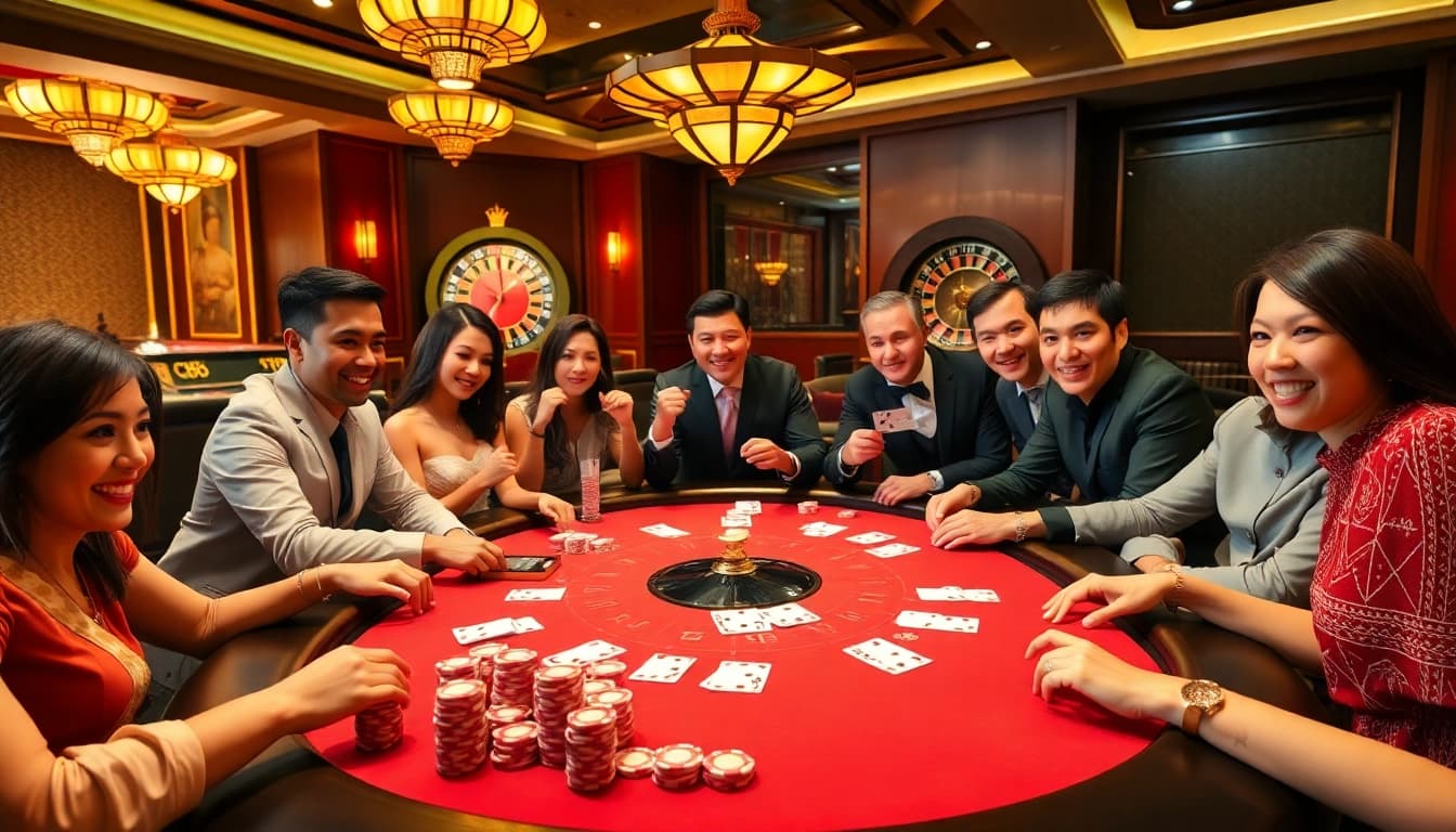 Players experience CM88's thrill at a luxurious poker table in a bustling casino atmosphere.