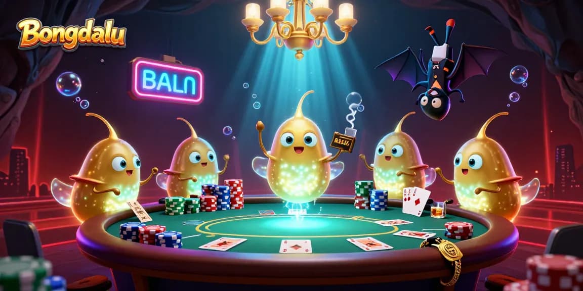 Bongdalu illuminates a vibrant casino scene with glowworms and a bat dealer amidst poker elements.