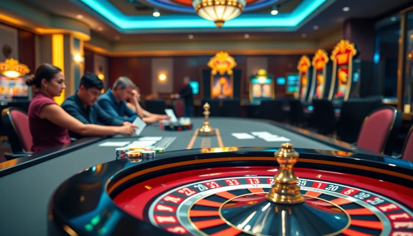 Experience thrilling gaming action at go8's premier casino, showcasing poker tables, roulette wheels, and vibrant slot machines.