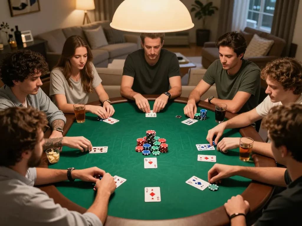 Friends engage in strategic gameplay during a home poker night centered around c168, with colorful chips and cards on display.