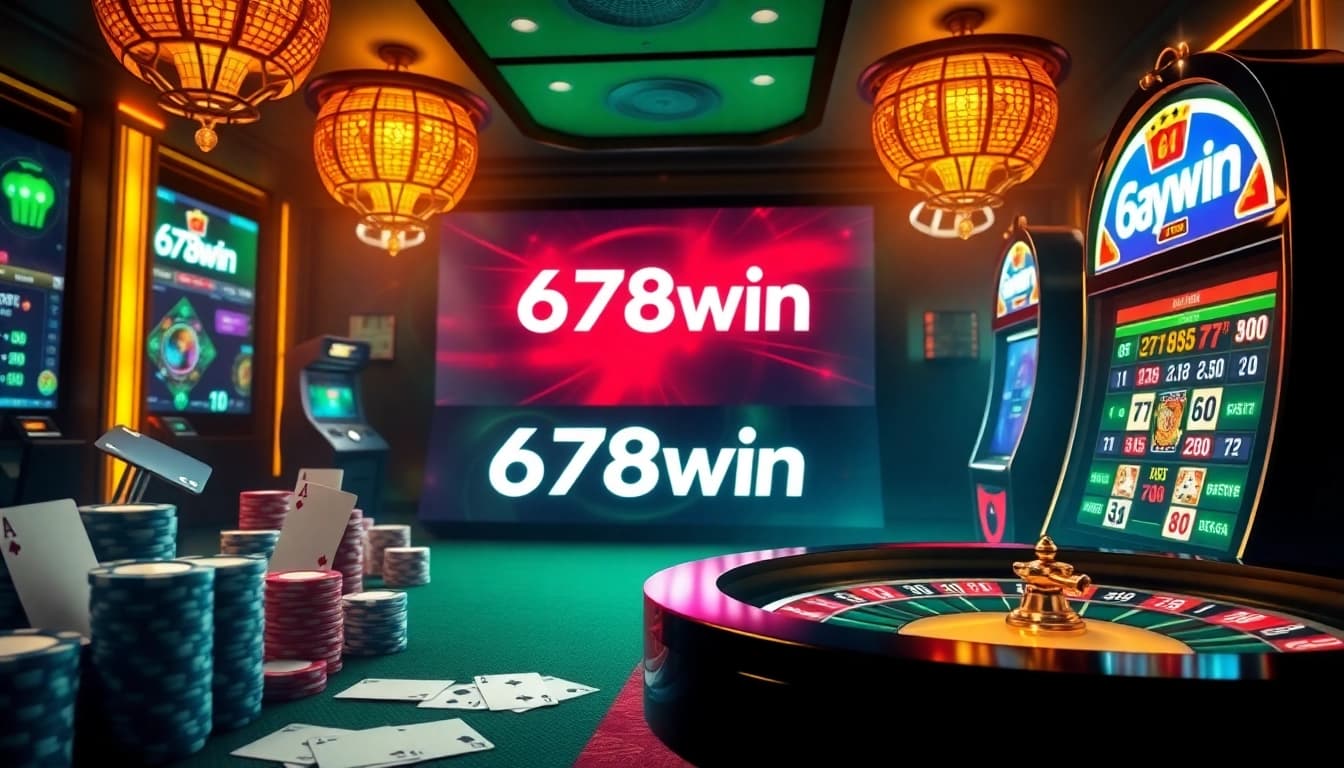Experience the thrill of online gambling with 678win, featuring poker chips and a roulette wheel.