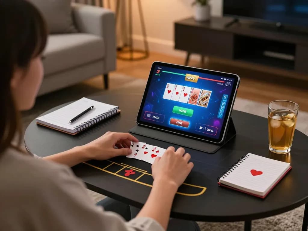 Engaging person playing poker on nk88 com in cozy living room setting with betting notes.
