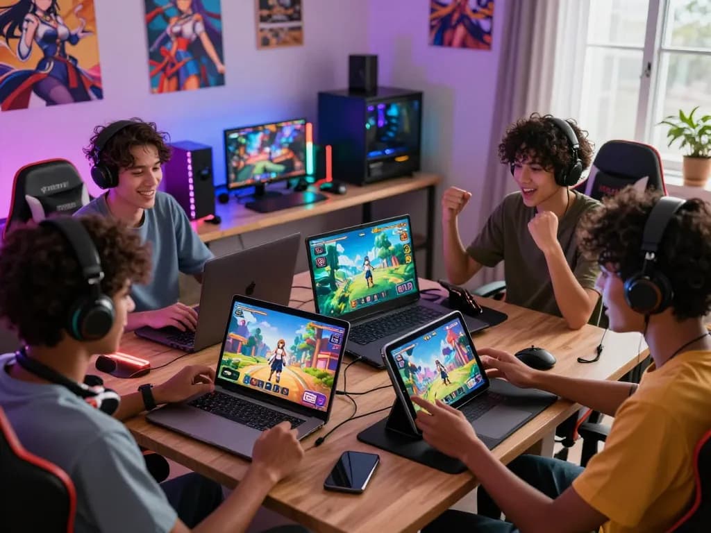 Players immersed in a colorful hentai game on multiple devices, showcasing a vibrant gaming atmosphere.