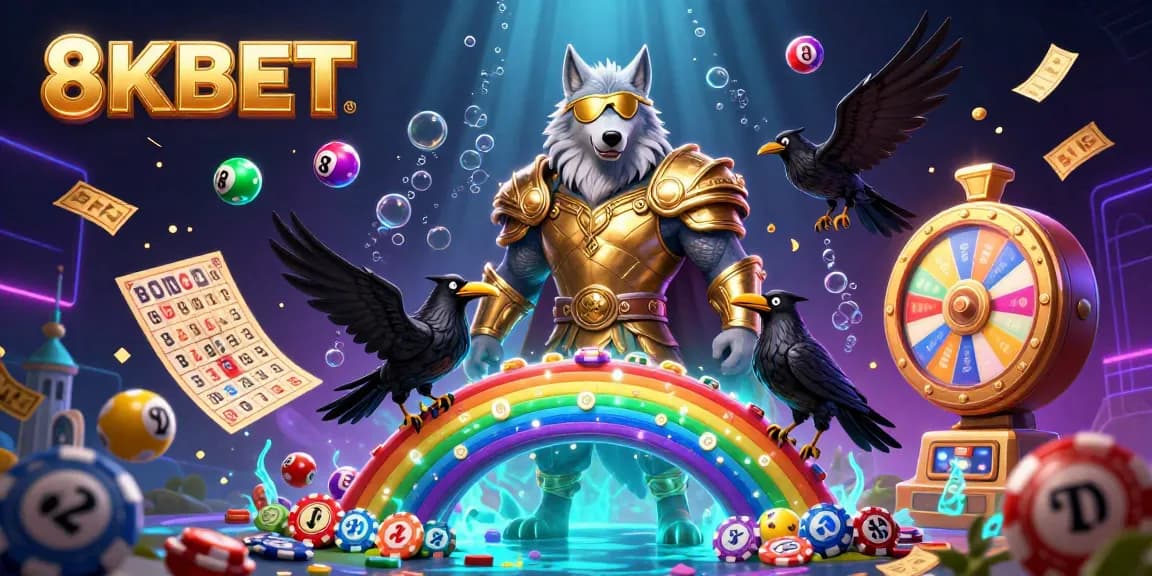 Experience thrilling 8KBET games with vibrant lottery balls, a golden bingo card, and dynamic casino elements.