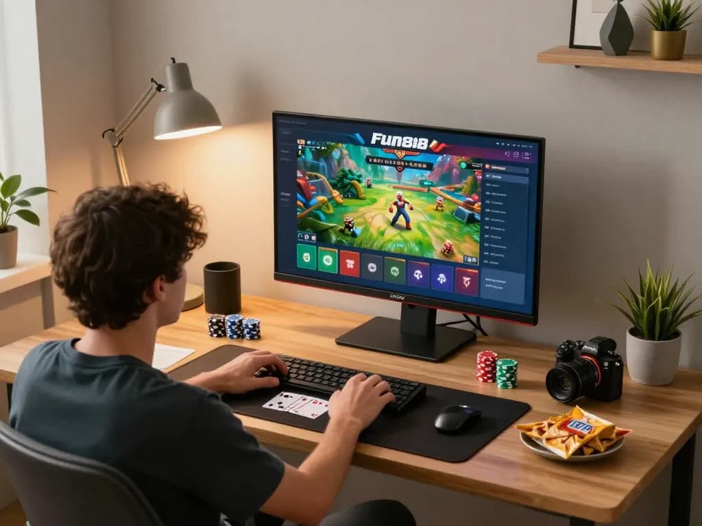 Exciting online gaming session with Fun88 app on screen, poker chips, and cozy desk setup.