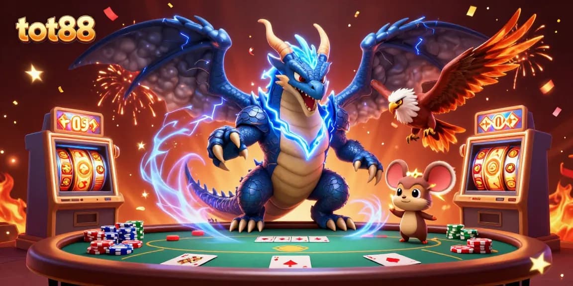 Experience the excitement of tot88 with a dynamic 3D illustration of a thunder dragon, poker elements, and celebratory confetti.