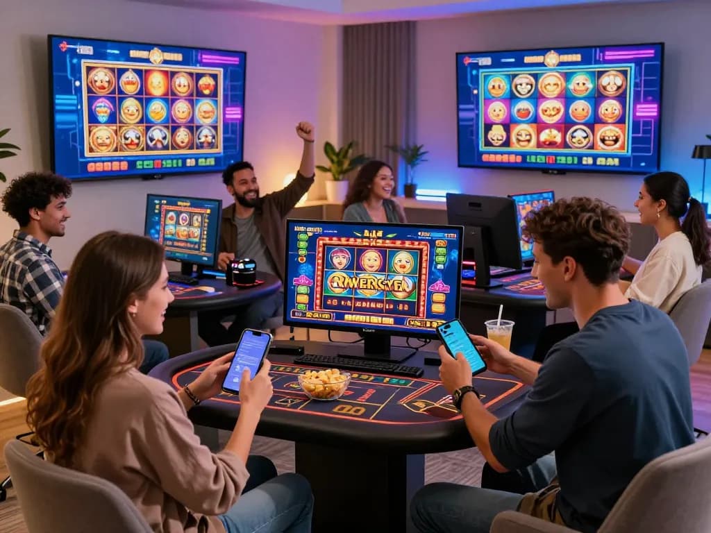 Exciting gaming session with friends enjoying link nk88 online casino games in a modern digital setup.