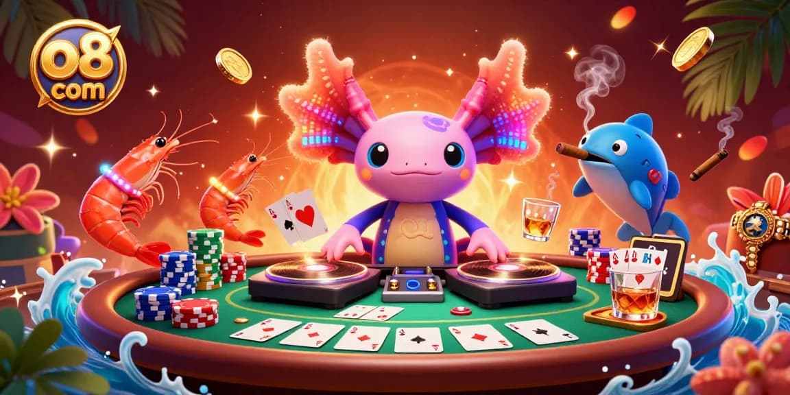 Experience vibrant casino action with a neon axolotl DJ in the engaging world of o8 com.