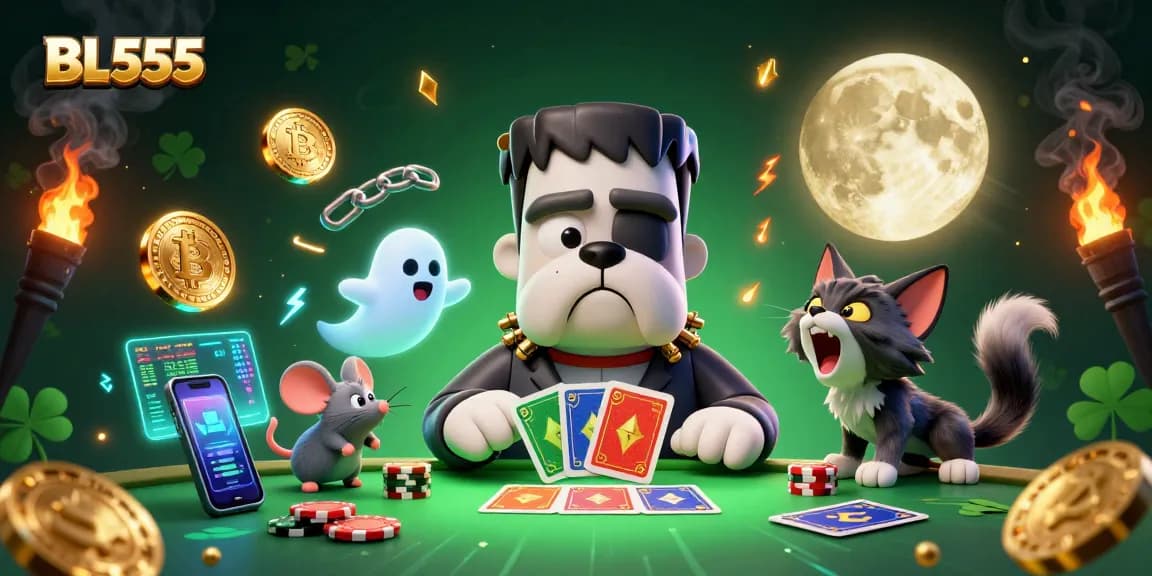 Engage with BL555's thrilling gaming experience featuring a Frankenstein bulldog at the casino table.