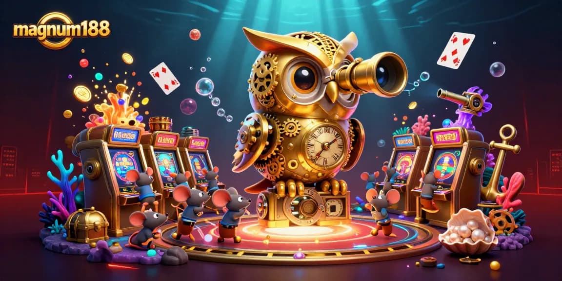 Experience the thrill of winning at magnum188 with a vibrant casino illustration featuring a golden owl.