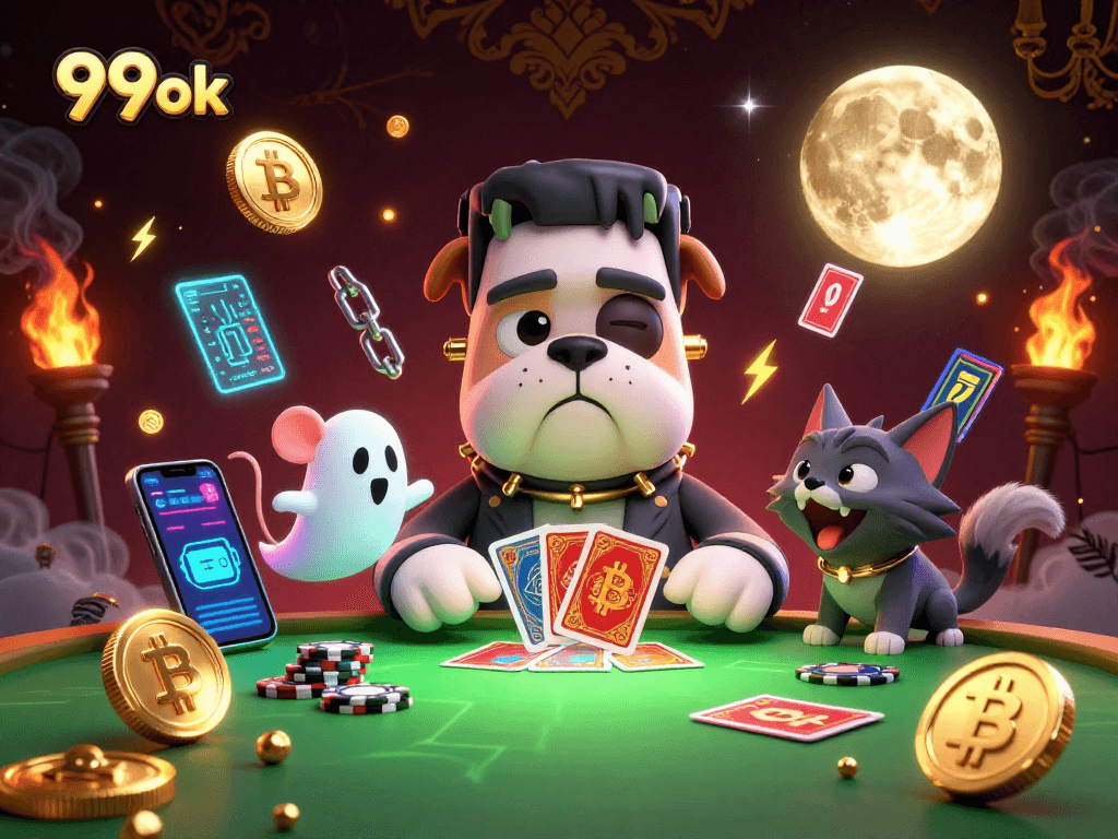 Engage with 99ok's vibrant casino scene showcasing a Frankenstein bulldog and ghost mouse.