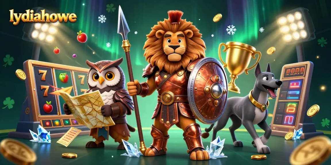Lydiahowe showcases an epic 3D scene of a Spartan lion, owl strategist, and greyhound, amidst vibrant slot gaming elements.