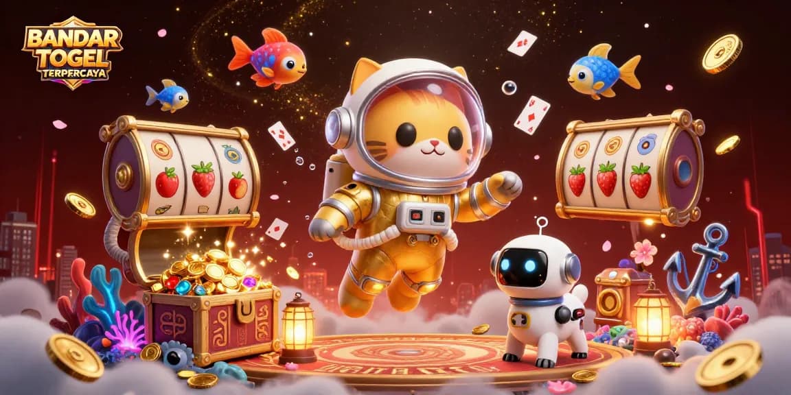 BANDAR TOGEL TERPERCAYA showcases the thrilling gambling atmosphere with a space theme, featuring an astronaut cat and robot dog alongside vibrant slot elements.