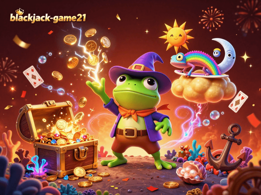 Experience the thrill of blackjack-game21 as characters unleash a storm of golden coins in an exciting casino scene.