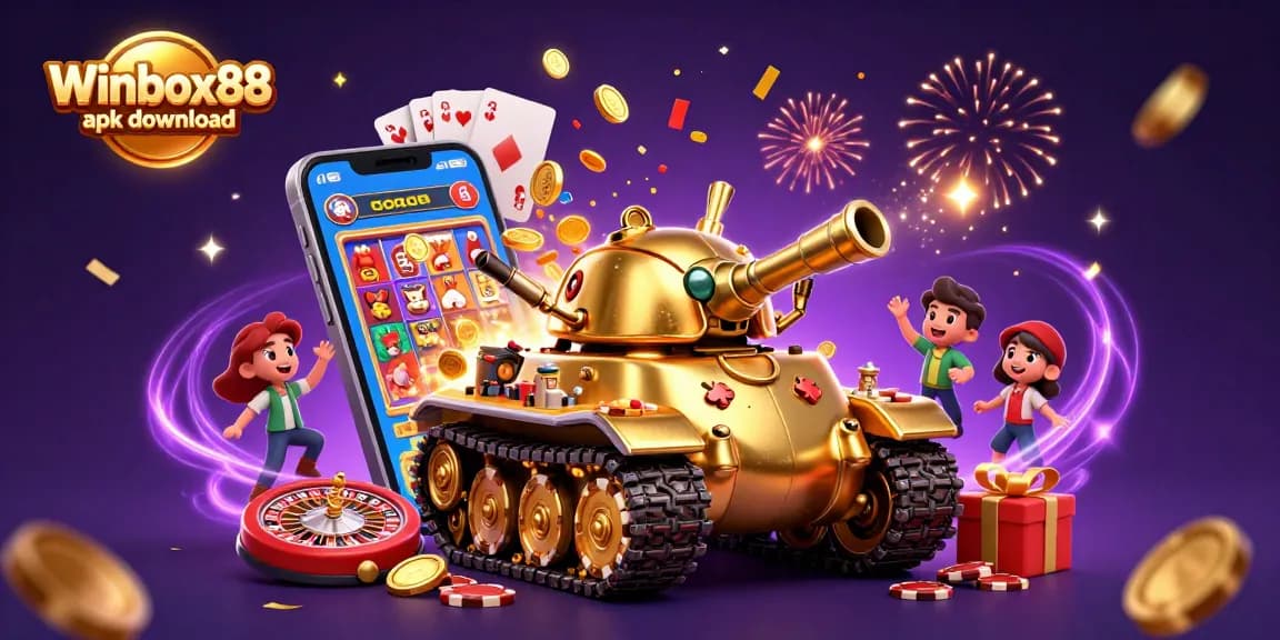 Winbox88 apk download showcases a festive 3D scene with a golden beetle tank casino, slot games, and joyful celebrations.