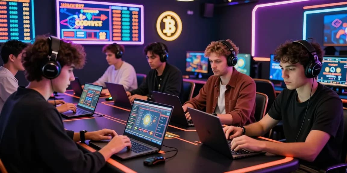 Engaging scene at a crypto casino with players enjoying online games and vibrant digital displays, emphasizing modern gaming experiences.