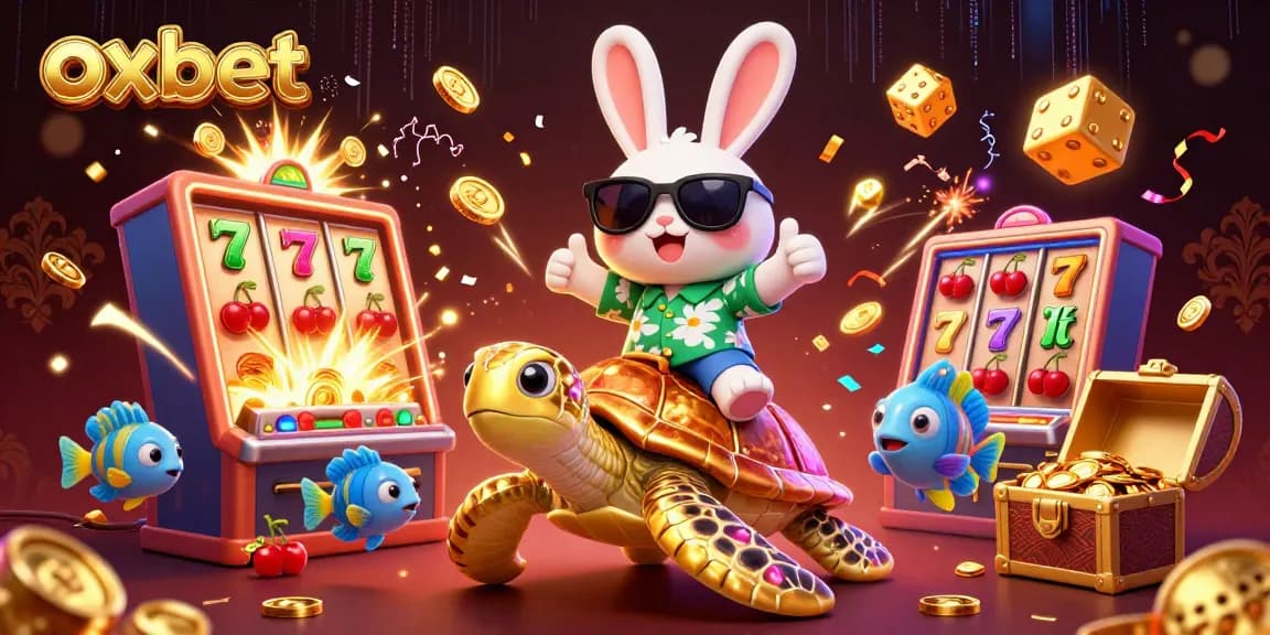 Engage with the vibrant oxbet scene featuring a lucky rabbit on a golden turtle surrounded by casino elements.
