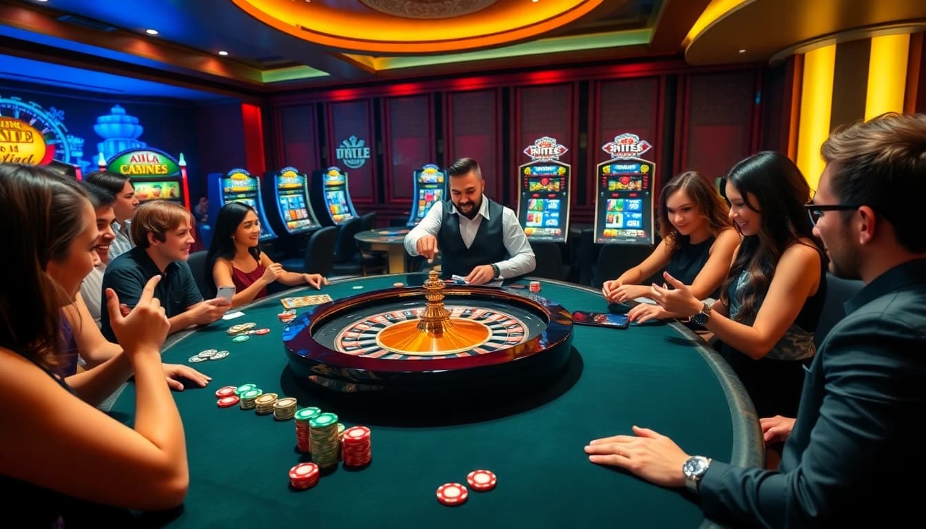 Experience F168 casino thrills with vibrant gaming tables and excited players.