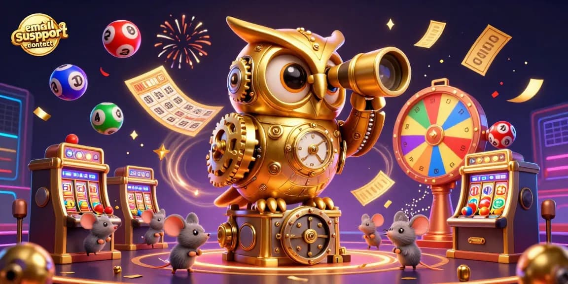 Experience the magic of emailsupport-contact with a lively casino scene featuring a golden owl and dynamic lottery elements.