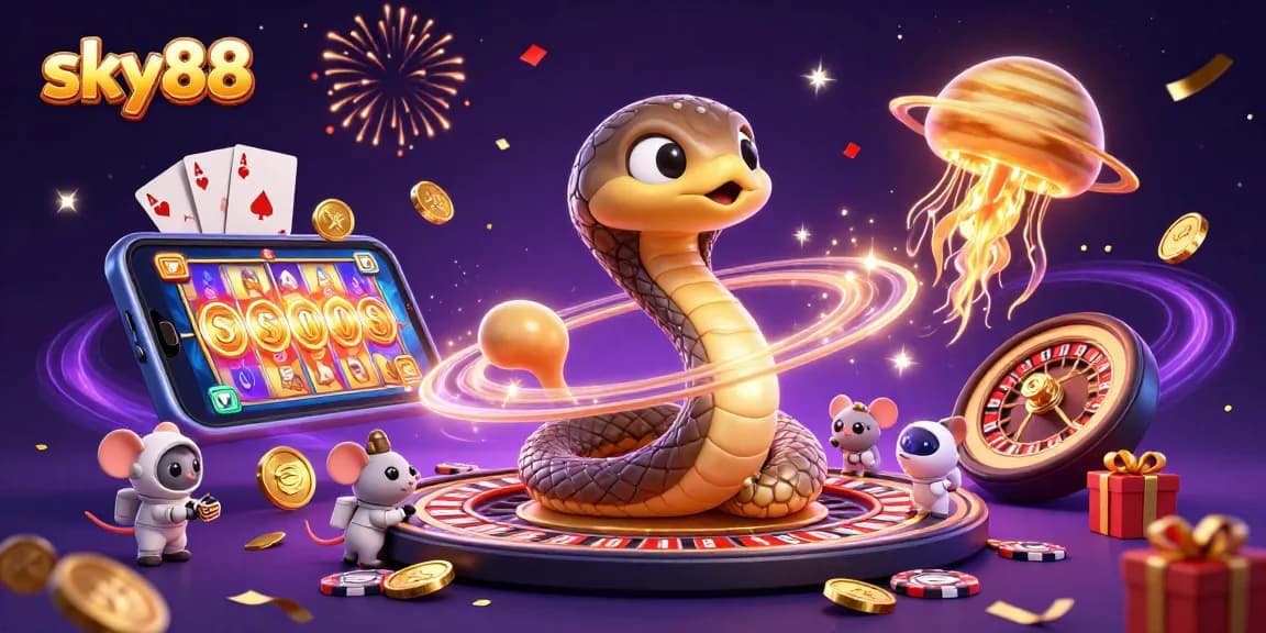 Experience thrilling gameplay at sky88 with a vibrant illustration of betting animals in a cosmic casino.
