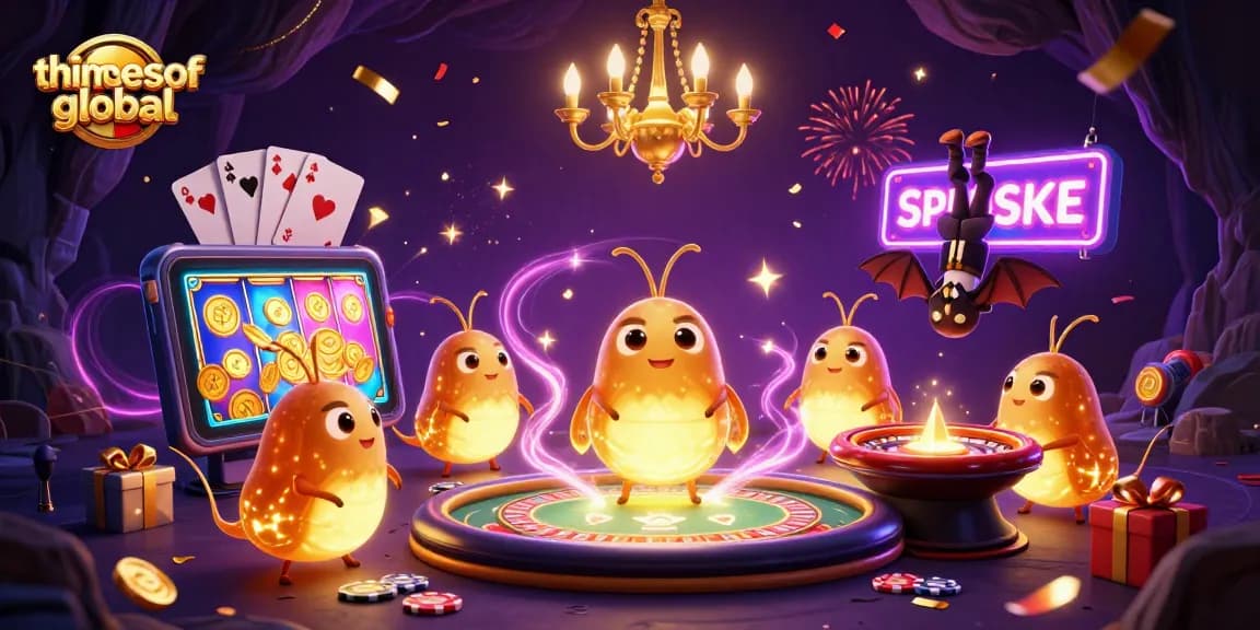 Thetimesofglobal presents glowworms lighting a festive cave casino scene with bioluminescent tails and gaming elements.
