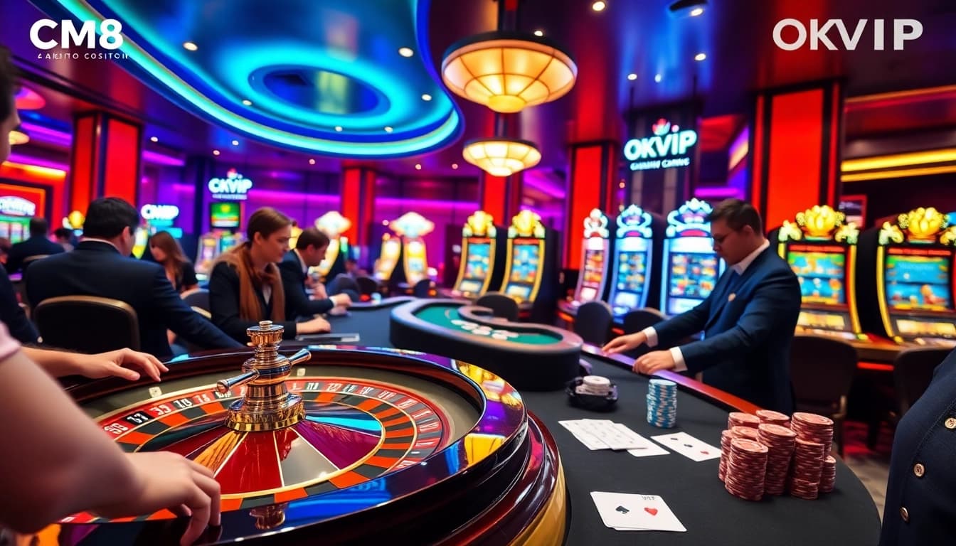 Engage with CM88 OKVIP at a vibrant casino scene featuring roulette, cards, and players.